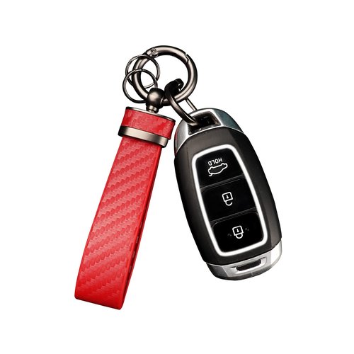 Turcee Carbon Fiber Keychain, Interior Accessories Leather Key Fob, Car Accessories Key Ring & Anti-Lost D-Ring (Red)