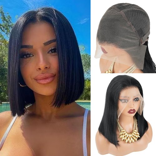 Mihugass 8 Inch Bob Wig Human Hair 13x6 Hd Transparent Lace Front Wigs Human Hair Pre Plucked Glueless Bob Wig #1 Jet Black 200% Density Short Straight Bob Wigs For Women