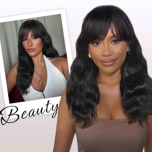 WIGNEE 4x4 Lace Human Hair Wig with Bangs Natural Wave Human Hair Wigs for White Women 14 Inch Glueless Wig With Bangs Human Hair Bang Wig 100% Brazilian Human Hair for Daily Use