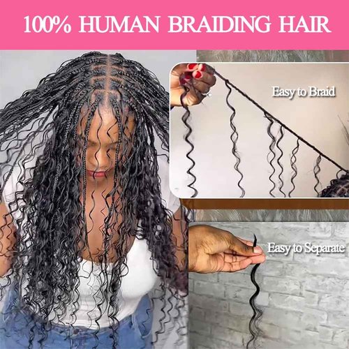 Human Braiding Hair Deep Wave Bulk Human hair for Braiding Natural Black Color No Weft Human Hair Bundles Micro Virgin Human Hair Extension for Boho Braids (100g(2bundles), 24 Inch)