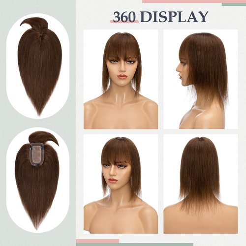SLEEKALON Real Human Hair Topper - 150% Density Silk Base Brown Hair Topper with Bangs (14 Inch,04#)