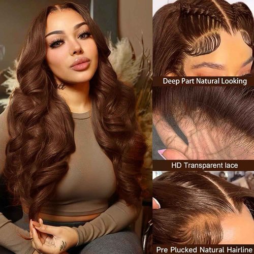 ediere Chocolate Brown Lace Front Wig 200 Density Brown Body Wave 13x4 HD Lace Front Wigs Human Hair Pre Plucked with Baby Hair Brown wig Colored 4# Frontal Human Wig for Women (18 Inch)