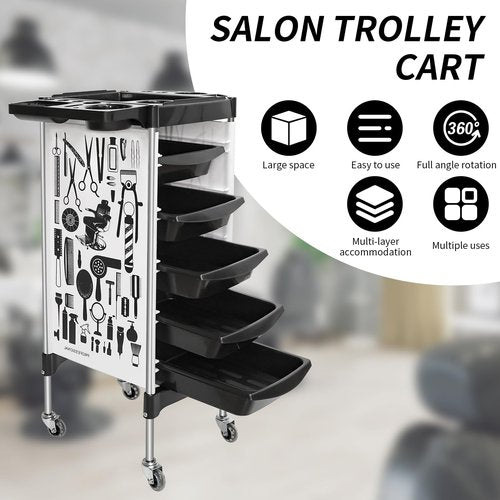Salon Cart on Wheels, Multifunction 5 Drawer Hair Stylist Station Rolling Trolley - Professional Hairdresser Hair Dye Storage Beauty Barber Moveable Station (White)