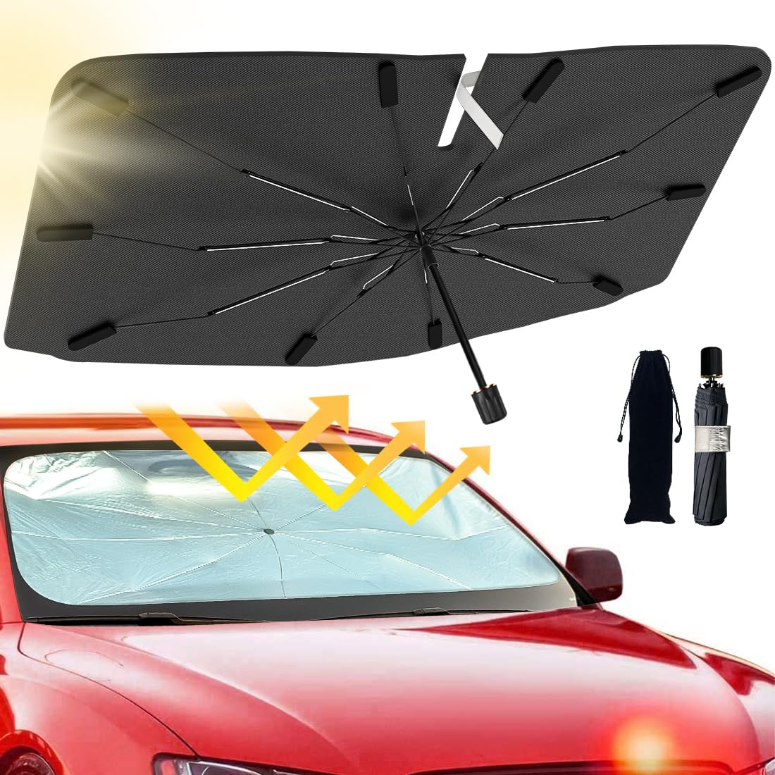 2025 Windshield Sun Shade Umbrella, Foldable Car Umbrella Sunshade with UV Block Car Front Window (Heat Insulation Protection) for Auto Windshield Covers Trucks Cars (Large)
