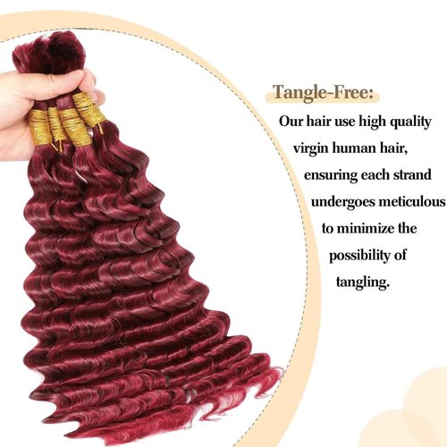 Fabimiya Curly Burgundy Braiding Human Hair 100g 18 Inch 99J Burgundy Deep Water Wave Bulk Human Hair for Braiding 10A No Weft Brazilian Virgin Deep Curly Human Hair Extensions for Boho Braids
