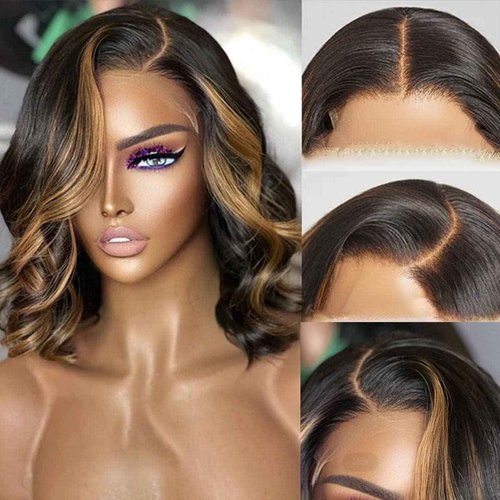 QTIKER Glueless Short Body Wave Lace Front Wigs Human Hair with Blonde Highlight Pre Plucked 13X4 HD Transaprent Lace Wigs Side Part Medium Part Frontal Bob Wig For Women (14inch, Blonde Highlight)