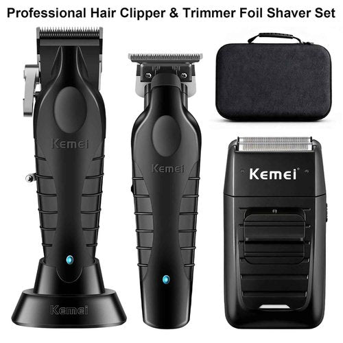 KEMEI Professional Hair Clippers for Men, Hair Trimmer and Foil Shaver Set, Cordless Barber Clippers, Zero Gapped Beard Trimmer, Rechargeable Fade Clipper Haircutting Kit, KM-2299, KM-2296, KM-1102