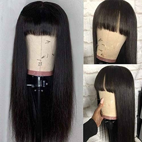 HLSK hair Mechine Made wig human hair natural black body wave 150% density with Pre Plucked Hairline with baby hair grade 10A hair wig (20, Straight wig with Bang)