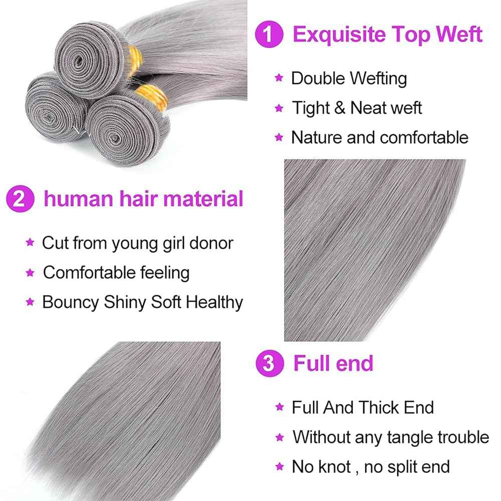 26 28 30 inch Silver Human Hair Bundles Grey Straight Bundles Gray Hair Weave Double Weft Silver Straight Bundle