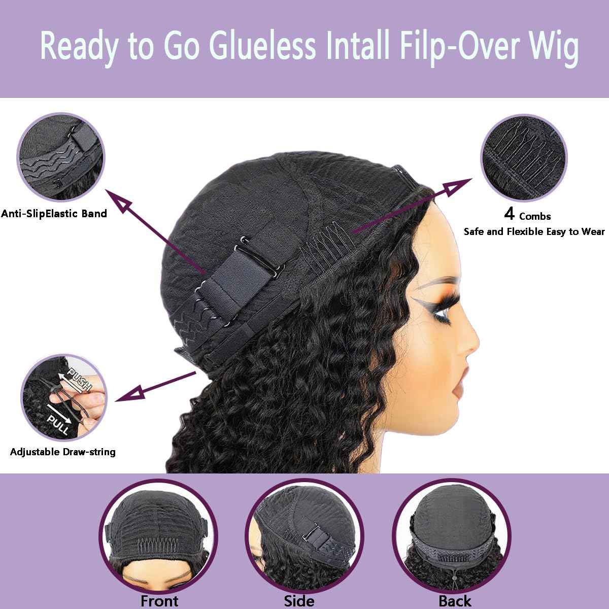Kinky Curly Half Wig Human Hair 220 Density 3 In 1 Seamless Flip Over Half Wigs Wear Go Glueless Wigs Human Hair With Drawstring Beginner Friendly Curly Half Headband Wig Human Hair For Women 20 Inch