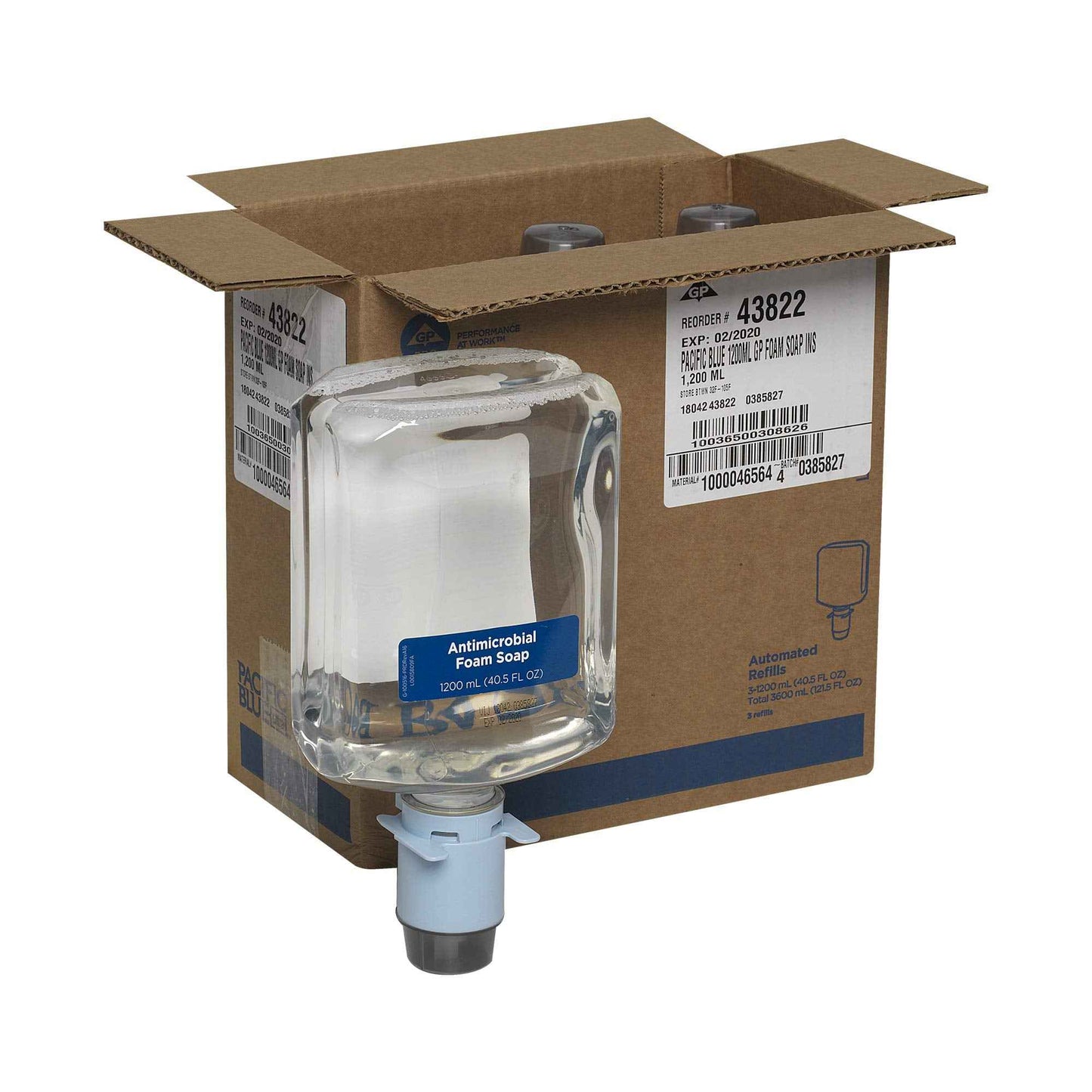 Georgia-Pacific-43822 Pacific Blue Ultra Antimicrobial Foam Soap Refills for Automated Touchless Soap Dispenser, Dye and Fragrance Free, 3 Bottles/Case