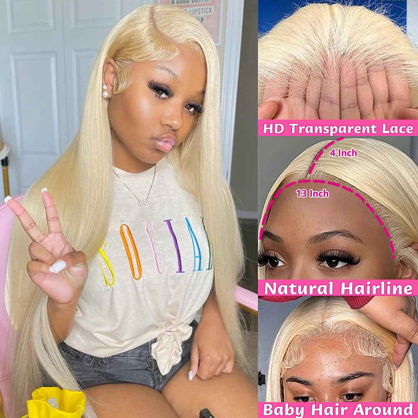 GZX 26 Inch 613 Lace Front Wig Human Hair 13X4 Blonde Straight HD Transparent Lace Frontal Wigs Human Hair Pre Plucked with Baby Hair 180% Density Blonde Glueless Wigs Human Hair