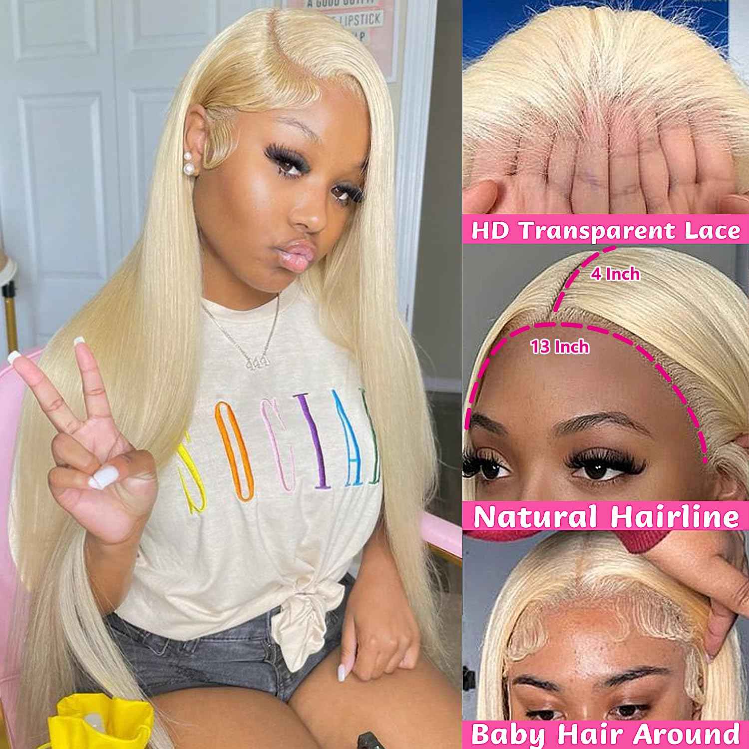 GZX 26 Inch 613 Lace Front Wig Human Hair 13X4 Blonde Straight HD Transparent Lace Frontal Wigs Human Hair Pre Plucked with Baby Hair 180% Density Blonde Glueless Wigs Human Hair