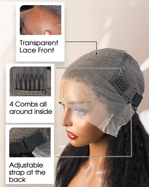 MENTOR 4C Edges Kinky Straight Lace Front Wigs Human Hair Yaki Stairght 13x4 HD Transparent Lace Frontal Kinkystraight Wigs with Curly Edges Hairline Pre-Plucked 180% Density 18 inch