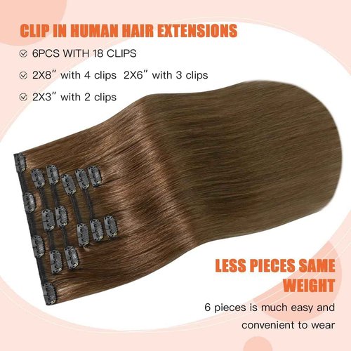 UGOTRAYS Light Brown Hair Extensions Clip in Human Hair 18 Inch 120g 7pcs Remy Hair Silky Straight 16clips One Pack for Women #6 Chestnut Brown Hair Extensions