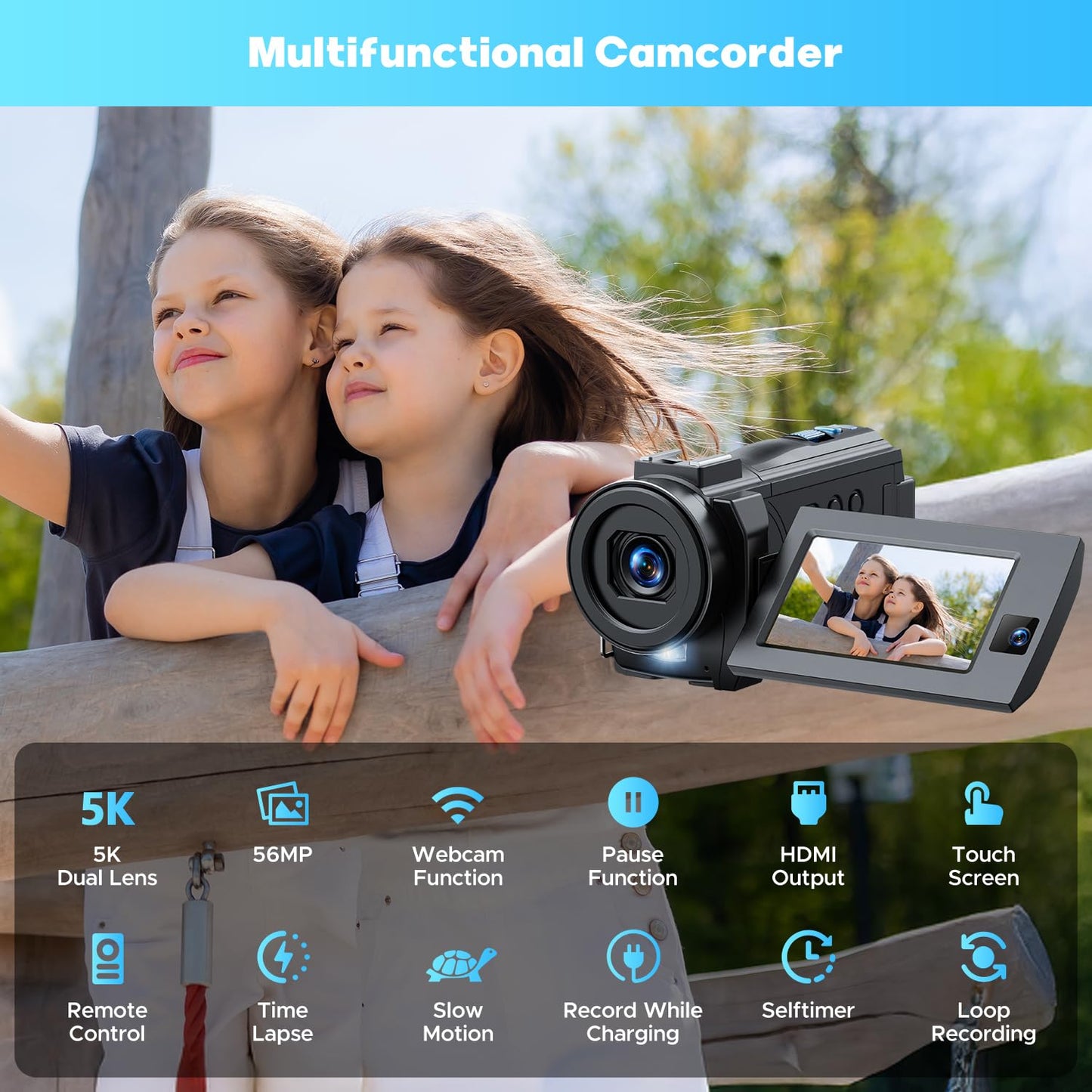 5K Camcorder Video Camera 56MP 16X Dual Lens Vlogging Camera for YouTube with WiFi & Night Vision, 3" 270° Touch Screen Cam corder - Includes 64GB SD Card, 2 Batteries, Tripod, Mic, Remote, Lens Hood