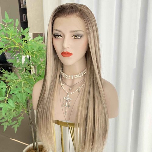 VASTCURY Ash Blonde Wigs Highlight Brown Ombre Color 13x4 Synthetic Fiber Lace Front Wig Long Silky Straight 22Inch Pre Plucked Hairline for Women