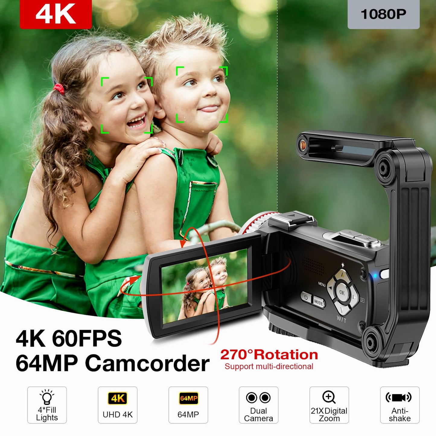 4K Video Camera Camcorder, 64MP UHD Vlogging Dual Camera for YouTube, 21X Digital Zoom IPS Screen Vlog Camera with External Microphone, Stabilizer, Remote, 2 Batteries, Remote, Memory Card