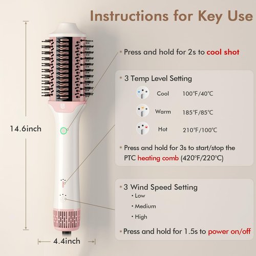 2-in-1 Blow Dryer Brush & Hair Straightener, Ionic & Ceramic Thermal Brush with Adjustable Heat & Cool Shot, 110000 RPM Motor High-Speed Motor for Frizz-Free, Smooth & Voluminous Hair, White with Comb
