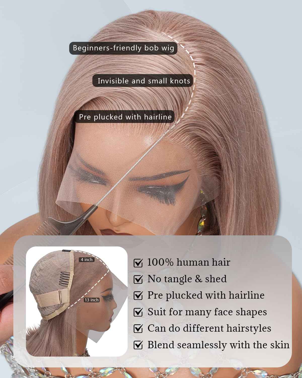 Geomone 10 Inch Ash Blonde Bob Wig Human Hair 180 Density 13x4 HD Lace Fronal Wigs Pre Plucked With Baby Hair Middle Part Ash Blonde Short Straight Colored Bob Wig Natural Look And Beginners Friendly