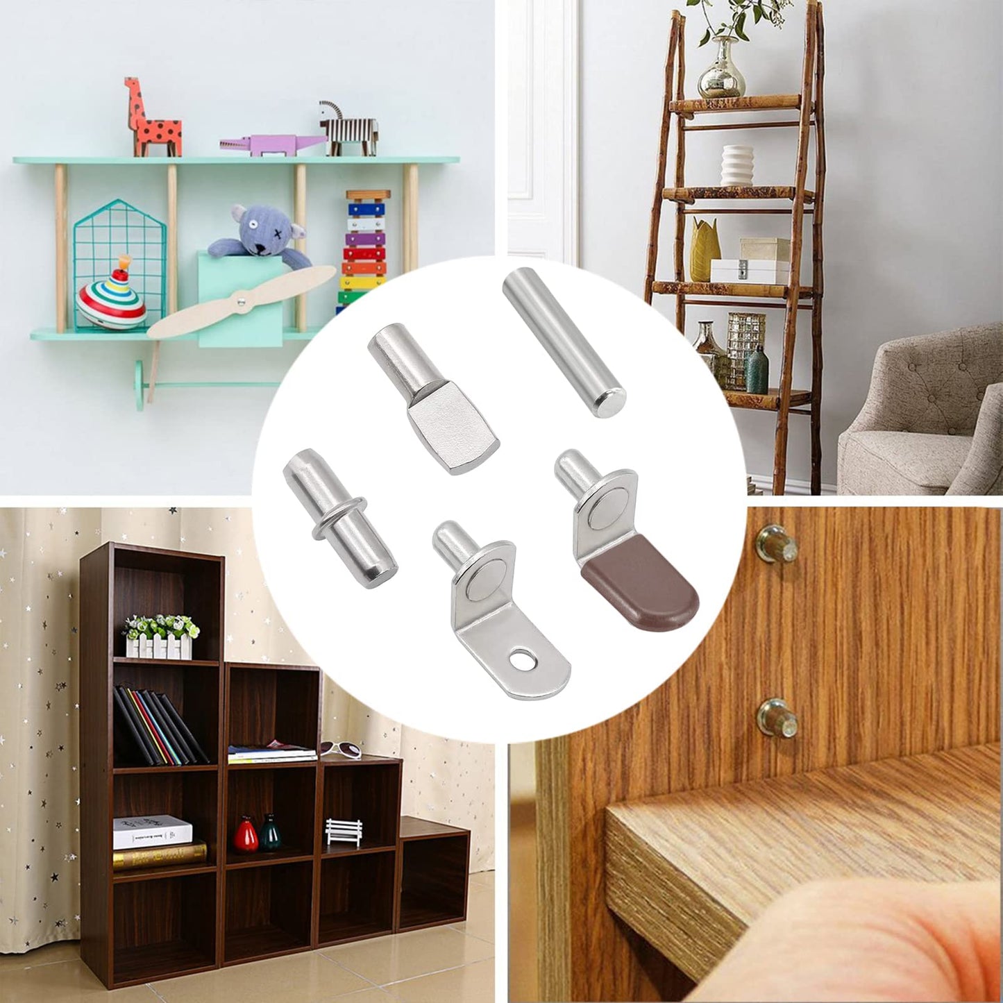 102Pcs Shelf Pins Pegs Kit,6 Styles Nickel Plated Shelf Support Pegs,Bookshelf Pegs for Shelves,L-Shaped Clips with Rubber Sleeve,Shelf Pins Holders for Furniture Glass Corner & Closet(5mm & 1/4inch)