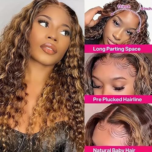 4/27 Deep Wave Lace Front Wigs Human Hair Honey Blonde Highlight Ombre Wigs Human Hair for Women 180 Density 13x4 HD Transparent Lace Frontal Wigs Pre Plucked with Baby Hair 22 Inch