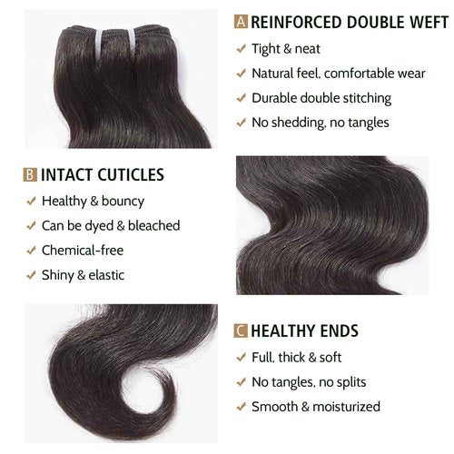 Wequeen 16A Body Wave Human Hair Bundles 16 18 20 Inch 100% Unprocessed Brazilian Virgin Hair Quick Weave Bundles Human Hair Extensions Real Human Hair, Natural Black