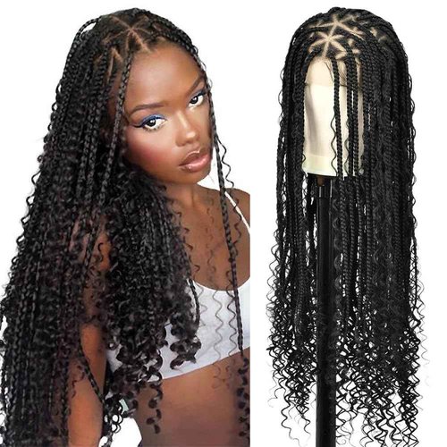 SUPERNOVA 36 Inch Boho Braided Wigs Full Lace Triangle Knotless Braided Wigs For Black Women Synthetic Full Double Lace Front Box Braid Wig With Baby Hair Goddess Locs Braids Wig With Curly Ends