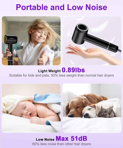 High-Speed Ionic Hair Dryer: 150000 RPM Brushless Motor 500 Millions Negative Ionic Care Blow Dryer for Fast Drying Low Noise Thermo-Control Hairdryer, Travel with Magnetic Diffuser & Nozzle
