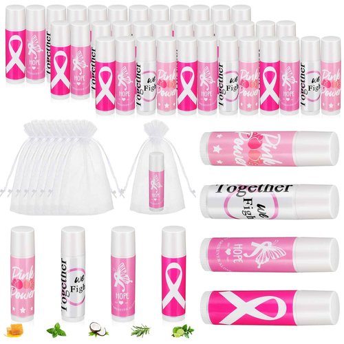Fumete 100 Sets Breast Cancer Awareness Accessories Gifts Lip Balm Bulks Pink Ribbon Breast Cancer Awareness Items Decorations Natural Ingredients Survivor Gifts Items for Girl Women