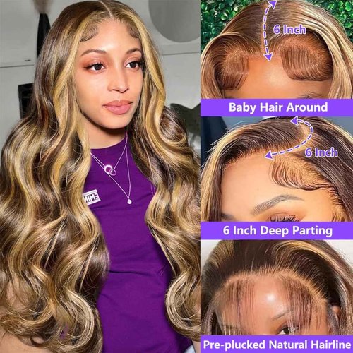 Smabuity Honey Blonde Ombre Lace Front Wig Human Hair Highlight 13X6 Body Wave Lace Front Wigs Human Hair Pre Plucked 180 Density 4/27 Glueless HD Lace Frontal Wig for Women 24 Inch