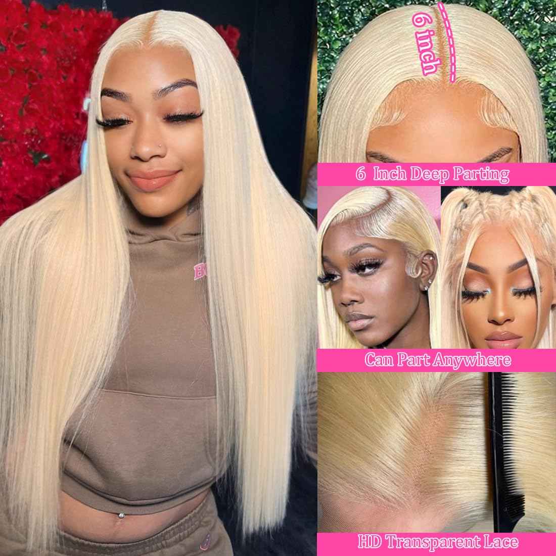 26 Inch 613 Lace Front Wig Human Hair Blonde 13X6 HD Transparent Lace Front Wigs Human Hair 180% Density Blonde Glueless Wigs 613 HD Straight Lace Frontal Wig Pre Plucked