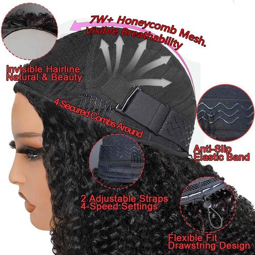 OWNROSE Half Wig Upgread 3 In 1 Kinky Curly Half Wig Human Hair 200 Density Glueless Wigs Human Hair Beginner Friendly Curly Wig Drawstring Seamless Flip Over Clip in Wigs for Women 16 Inch