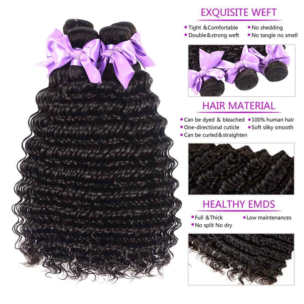 3 Bundles Deep Wave Virgin Human Hair with Lace Frontal Unprocessed Human Hair Extensions Natural Black Color (10 12 14+10)