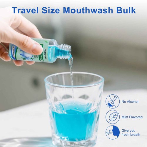 HAIFOTRVA 100 Pcs Mini Mouthwash Travel Size Bulk,Blue Portable Mint Flavor Mini Mouthwash Individual 35ml/1.2oz On The Go Mouth Wash Small Bottle for Travel,Office,Toiletry Kits