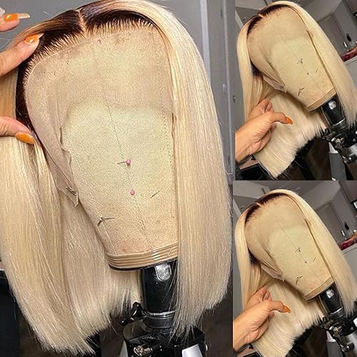 13x4 Hd Blonde Bob Lace Front Wigs Human Hair for Black Women,14" 150% Density Glueless Pre Plucked Ombre Blonde Straight Remy Brazilian Virgin Human Hair Wig with Baby Hair