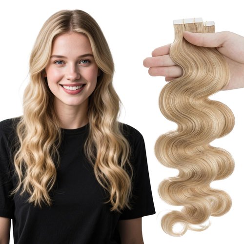 Elailite Wavy Tape in Hair Extensions Human Hair Body Wave Real Remy Hairpieces Ash Blonde & Bleach Blonde 20 Inch 50g 20pcs Invisible Seamless Skin Weft Best Tape for Women