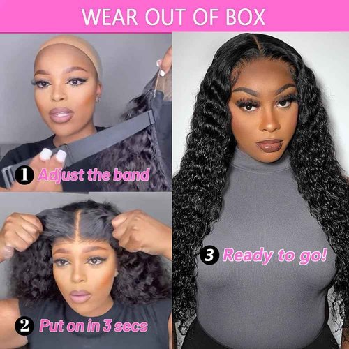 Wear and Go Glueless Wigs Human Hair Pre Plucked Pre Cut Deep Wave Lace Front Wig 4x4 Lace Closure Curly Human Hair Wig for Black Women 180% Density Curly Lace Front Wigs Glueless 24 Inch