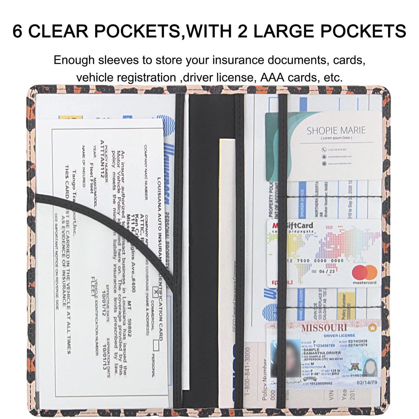 LumiMokki Premium Car Registration & Insurance Card Holder with Magnetic Shut, Vehicle Glove Box Car Organizer - For Documents, Cards, License (Leopard A)