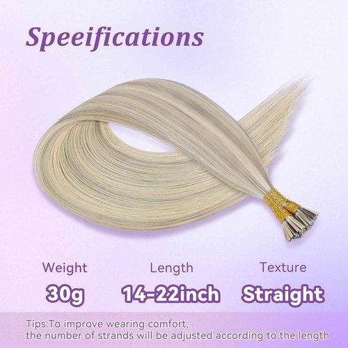 MioYio I Tip Hair Extensions Human Hair 30G/Pack Human Hair Itip Human Hair Extensions #16/60 Pre Bonded Extensions Long Straight Highlight Blonde 22Inch