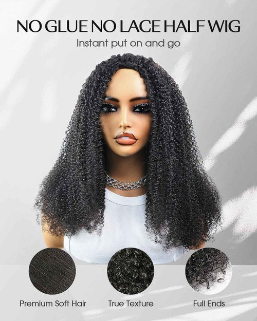 FACMOOD Kinky Curly Half Wig Human Hair 200% Density Wear and Go Glueless Wigs Human Hair Half Wigs with Drawstring 3 In 1 Flip Over Headband Wig for Women Beginner Friendly 16 inch