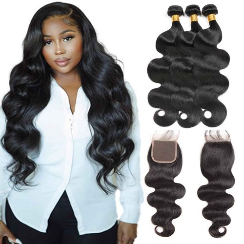 Body Wave Human Hair Bundles with Closure 100% Unprocessed Brazilian Virgin Human Hair 3 Bundles Body Wave with 4X4 Free Part Lace Closure Natural Black Hair Extension