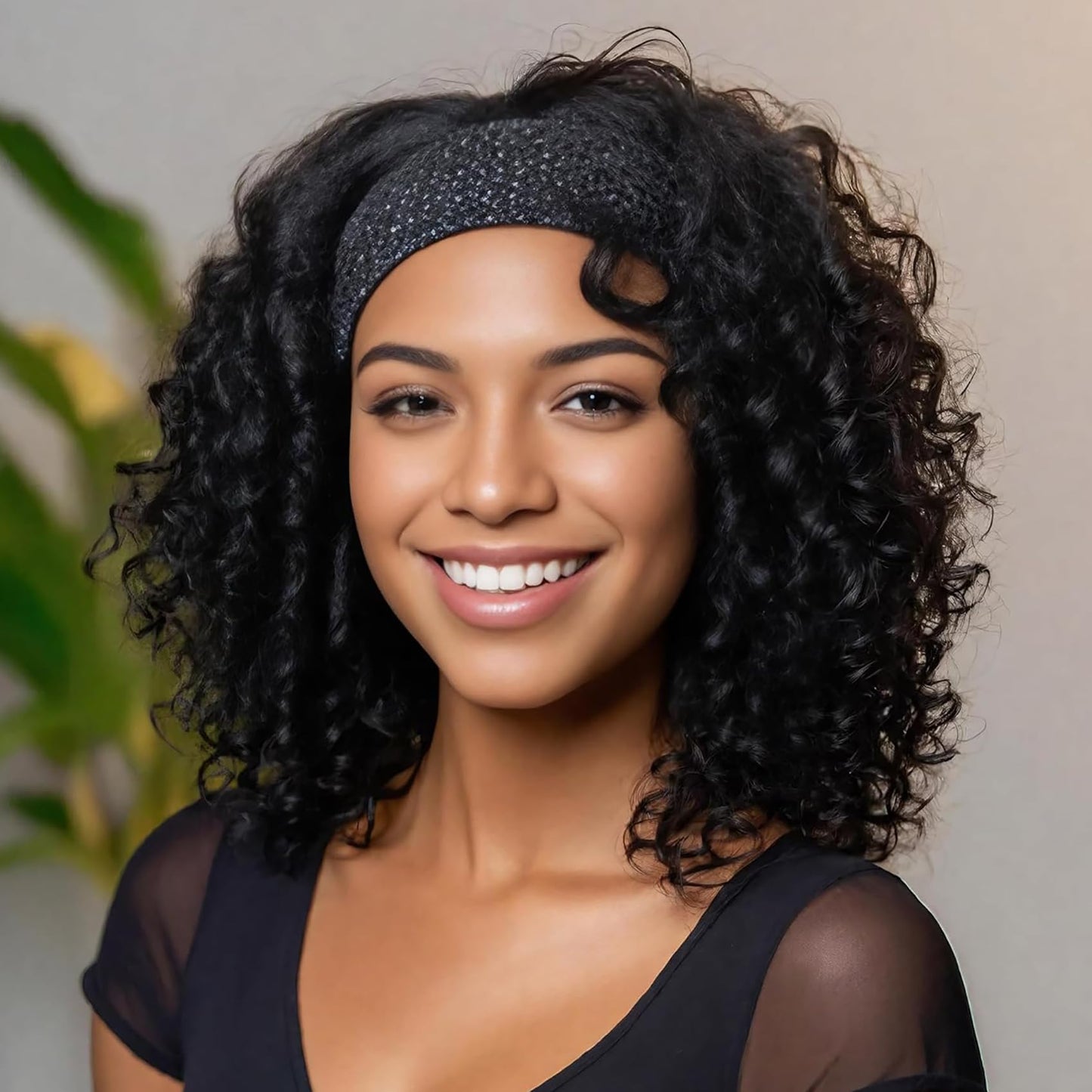 JCL Headband Wig Human Hair 14 Inch Headband Wigs Human Hair Wig Glueless Wigs Human Hair Curly Human Hair Wigs for Black Women Human Hair Natural Color Deep Wave Lace Front Wigs