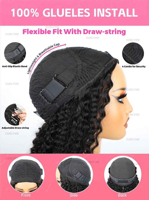 Curlyme 3 In 1 Curly Half Wig Human Hair Water Wave Glueless Install Flexible Fit Curly Flip Over Half Wig With Adjustable String Invisilbe Hairline Beginner Friendly Water Wave Wig 18 Inch