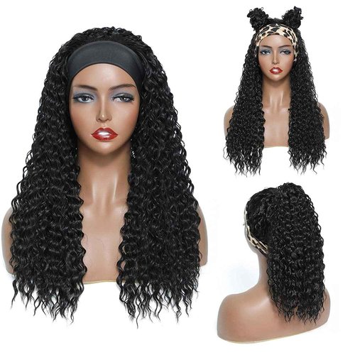 Youngirl Deep Wave Headband Wig Human Hair 24 Inch Curly Headband Wigs for Black Women Human Hair Glueless None Lace Front Wigs Brazilian Virgin Hair Wig Machine Made 150% Density Natural Black Color