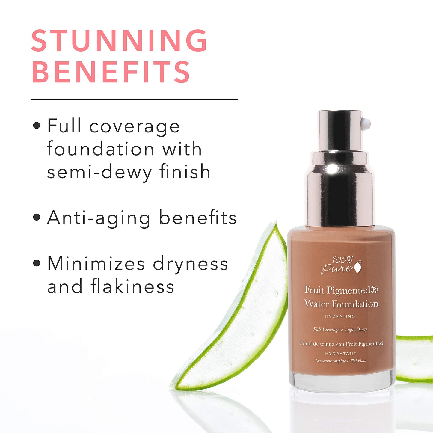 100% PURE Water Foundation Full Coverage Hydrating Makeup, Light Dewy Finish, Moisturizing Concealer for Normal to Dry Skin, Fruit Pigment Color Warm 6.0 w/Peachy Undertones for Tan Skin - 1 Fl Oz