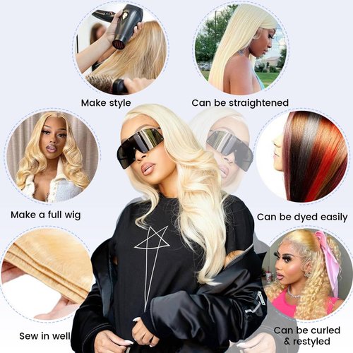 613 Bundles Human Hair 16 16 16 Inch Blonde Body Wave Bundles 100% Unprocessed 16A Brazilian Virgin Hair 3 Bundles Human Hair Body Wave Hair Extensions for Women can be Dyed Bleached