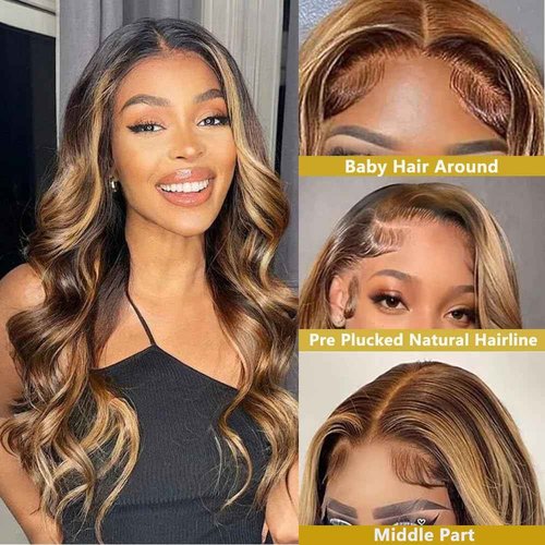 Vibja Honey Blonde Glueless Wigs Human Hair for Black Women 13x4 Body Wave Highlight Ombre HD Lace Frontal Wigs Human Hair 200% Density 4/27 Pre Plucked with Baby Hair 24 Inch