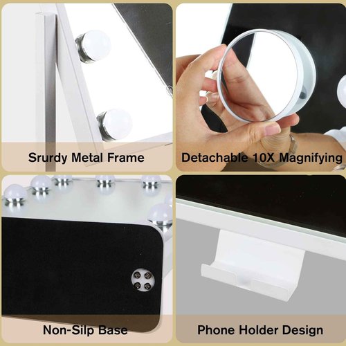 BWLLNI Vanity Mirror with Lights, Hollywood Lighted Makeup Mirror with Phone Holder, Smart Touch Control, 3 Color Lighting Modes, Detachable 10X Magnification, 360°Rotation(White)