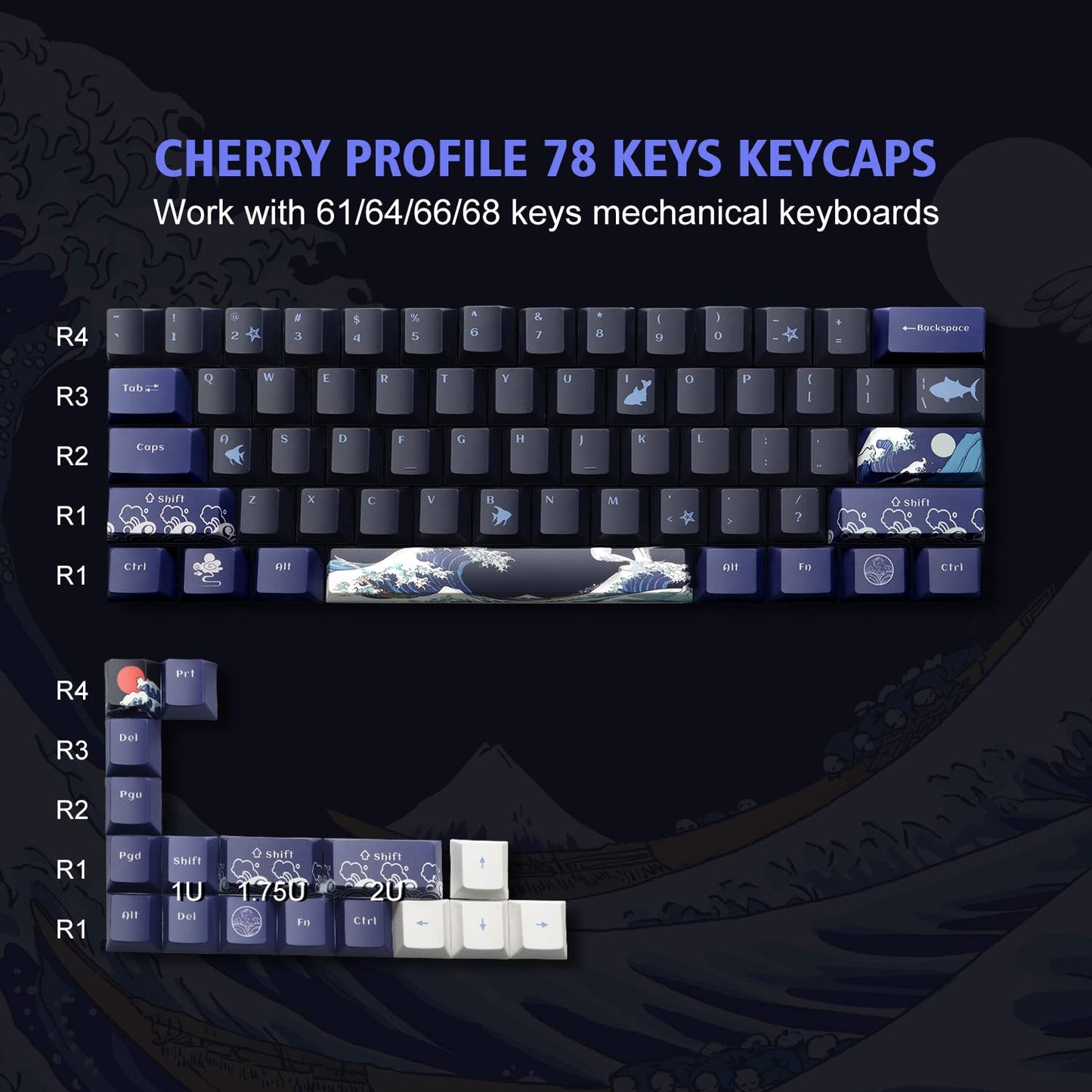 XVX PBT Keycaps - Great Wave of Kanagawa Japanese Design, Dye-Sub Custom Keycaps Set, Cherry Profile for 61/64/66/68 Cherry/Gateron MX Switches, 78 Key Set